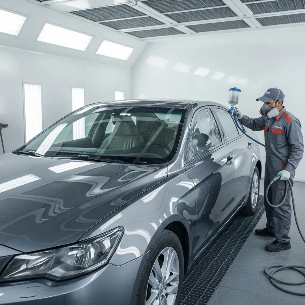 Worker doing car painting in a Sharjah Workshop