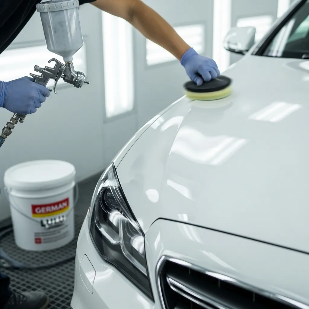 Mechanic polishing flawless pearl white sedan hood in dust-free paint booth