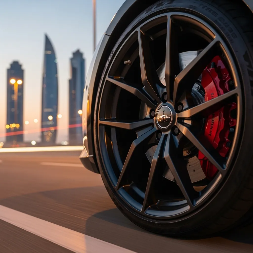 Close-up of a sleek black car wheel rims and calipers in Sharjah. 