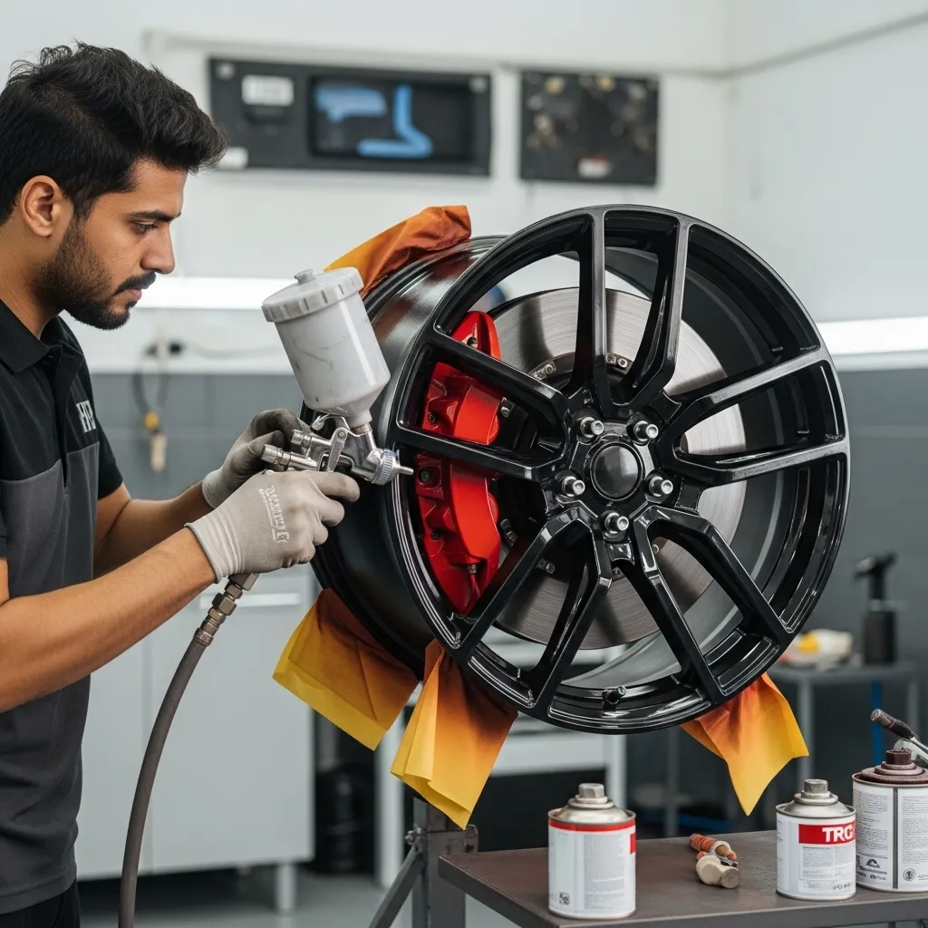 A focused man in gloves spray paints a glossy black car rim with a tool in a workshop. Red brake calipers and orange cloths are visible