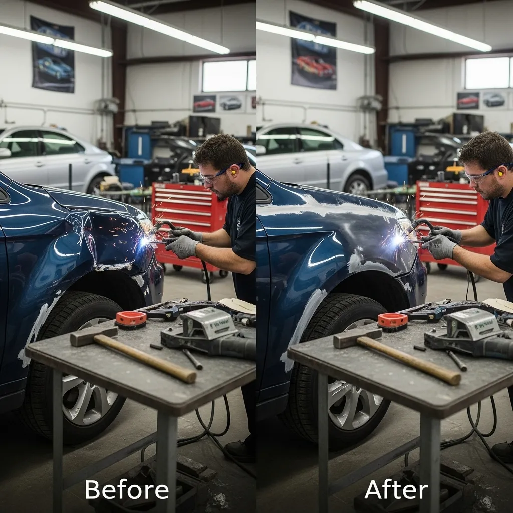 Before and after auto body repair: technician welding and smoothing dented front fender on blue sedan in garage workshop.