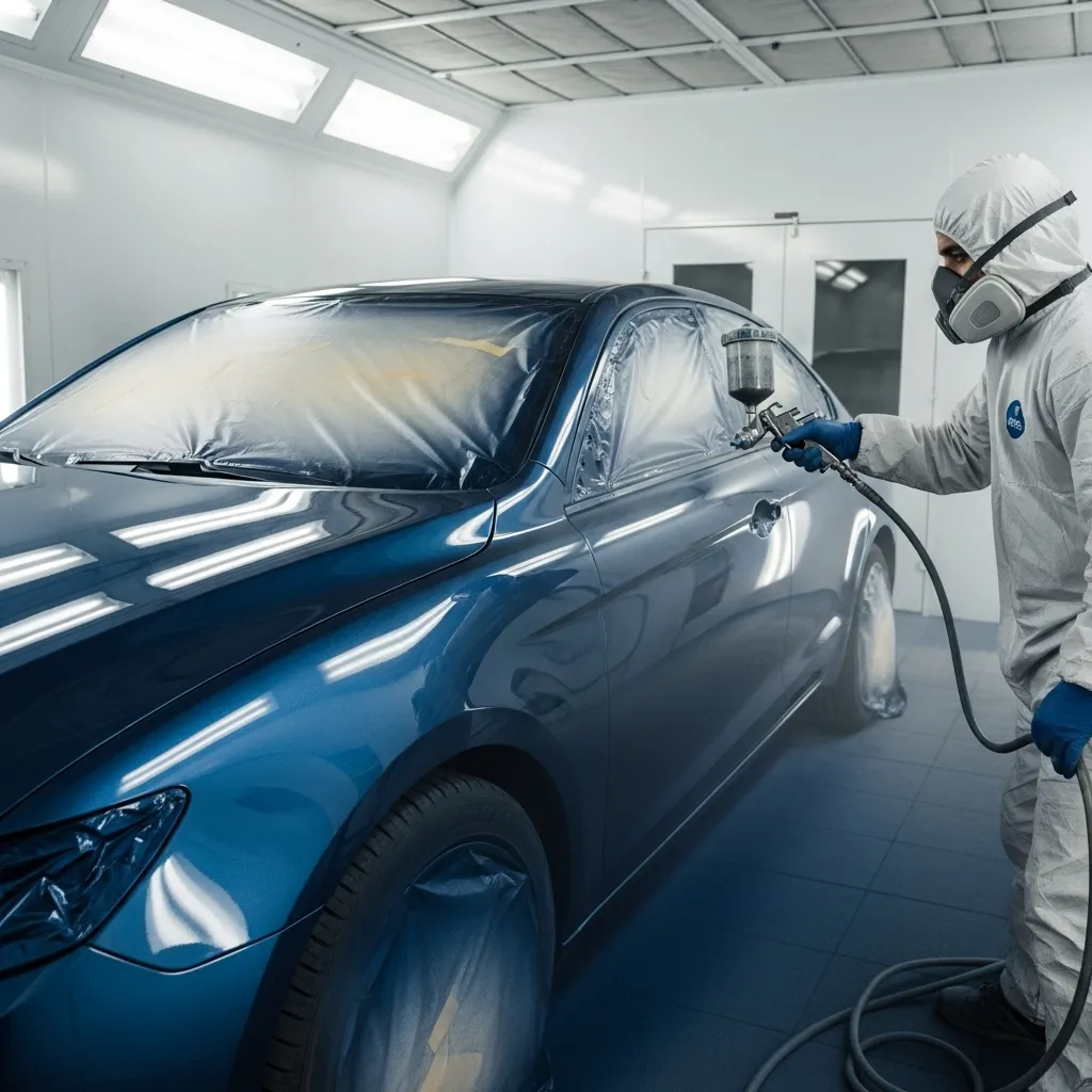 Professional painter in protective suit spraying metallic blue paint on a luxury sedan in a controlled auto spray booth.