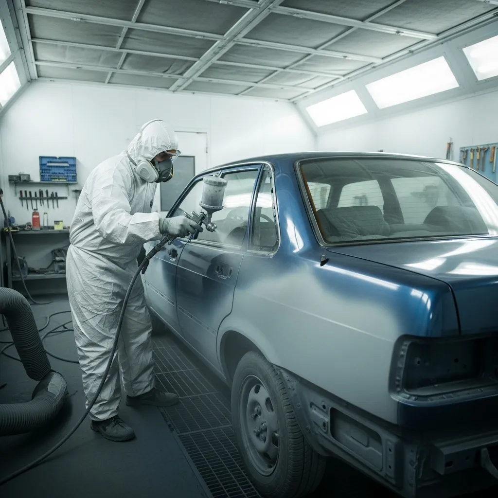 Technician in full protective suit spraying blue paint on a classic sedan in an industrial auto paint booth.