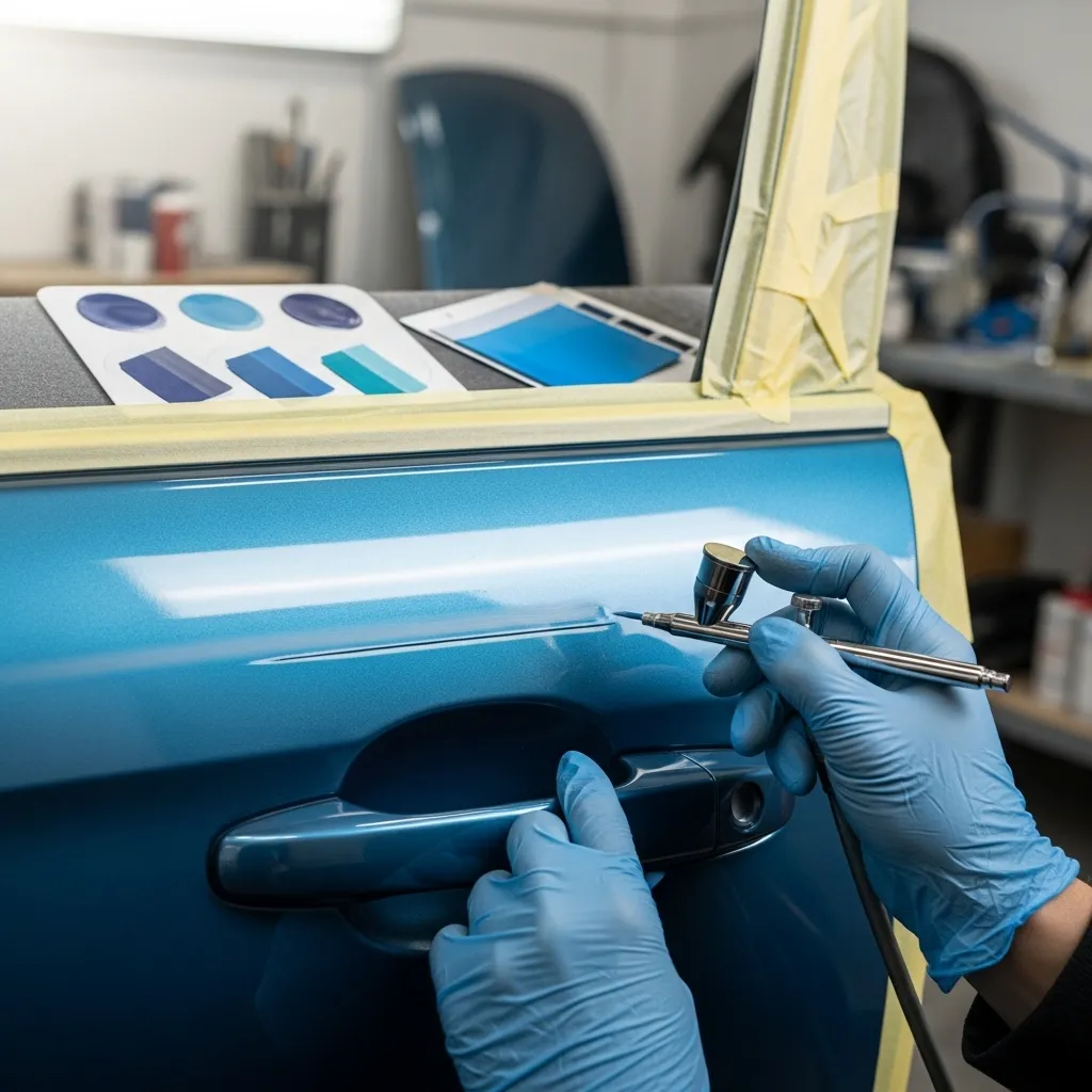 Auto detailer using airbrush to apply precise blue shading and highlights on car door panel with color swatches nearby in workshop.