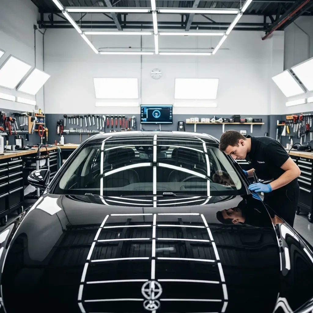 Professional technician applying PPF protective film to glossy black Mercedes-Benz sedan in an auto workshop in Sharjah