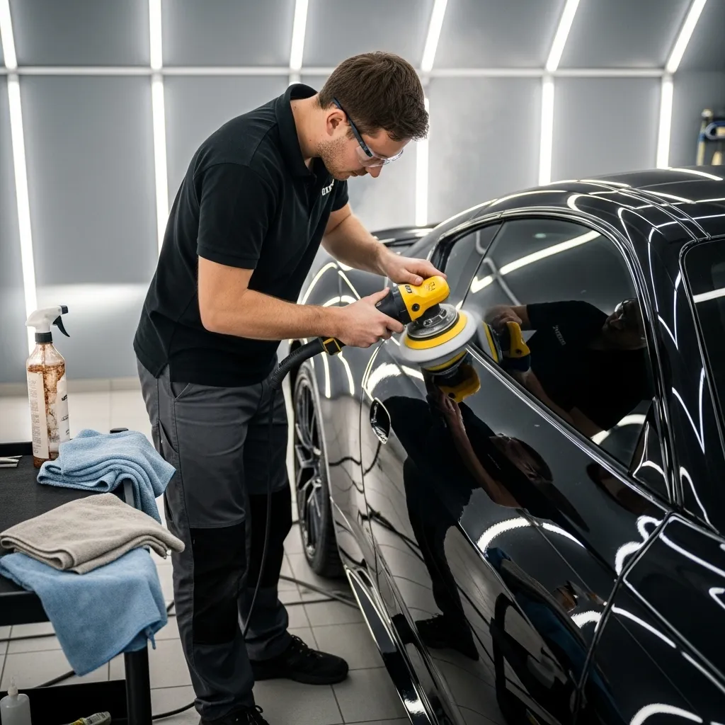 Professional detailer polishing glossy black car door with dual-action polisher in modern detailing studio under bright LED lights.