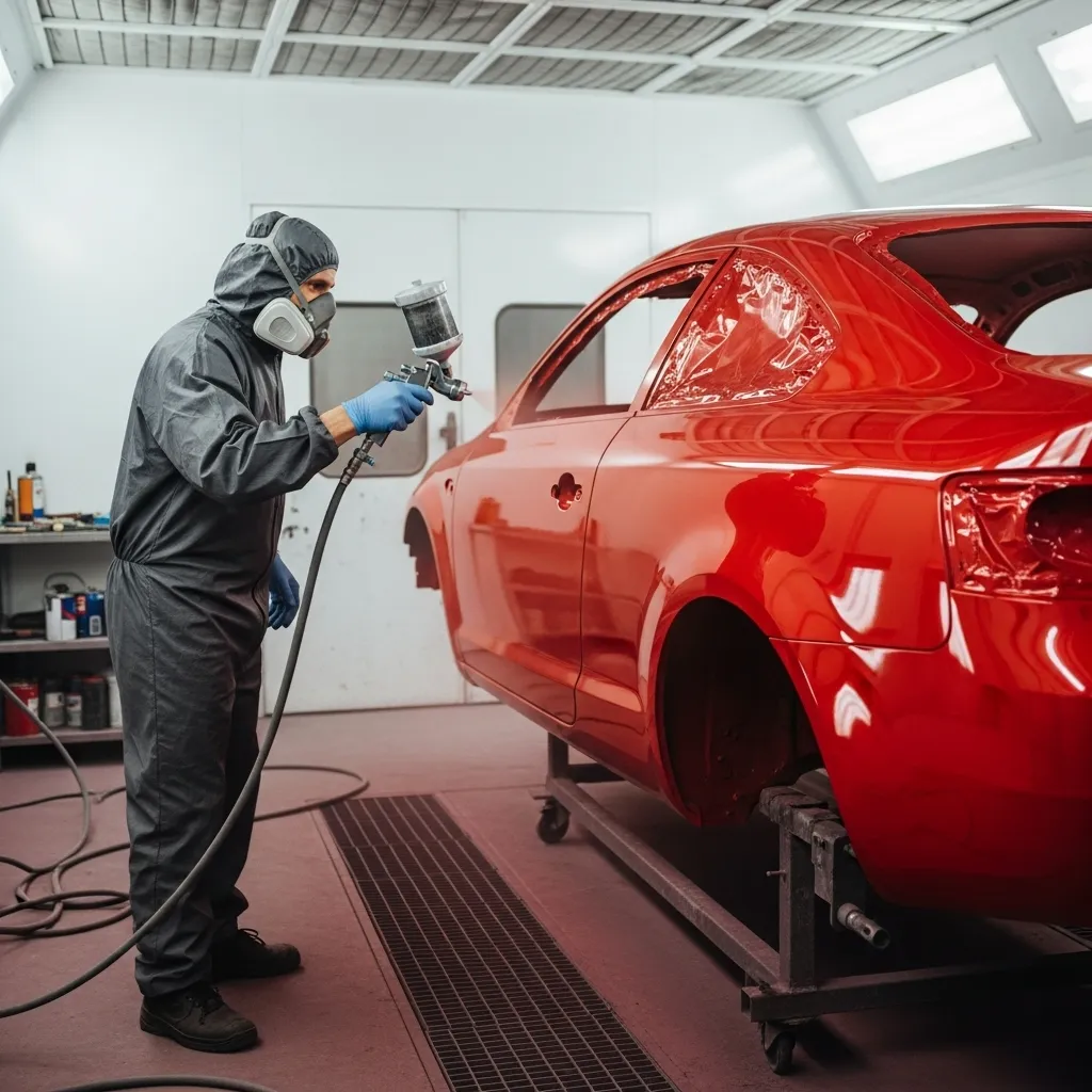 Professional auto painter in full protective gear spraying bright red paint on a classic coupe body in a professional spray booth.