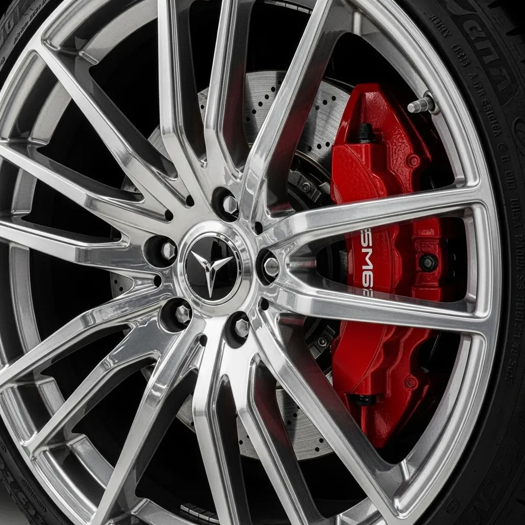 Close-up of a polished chrome multi-spoke alloy wheel featuring a Mercedes-Benz emblem and bold red SMS brake calipers on a luxury performance car.