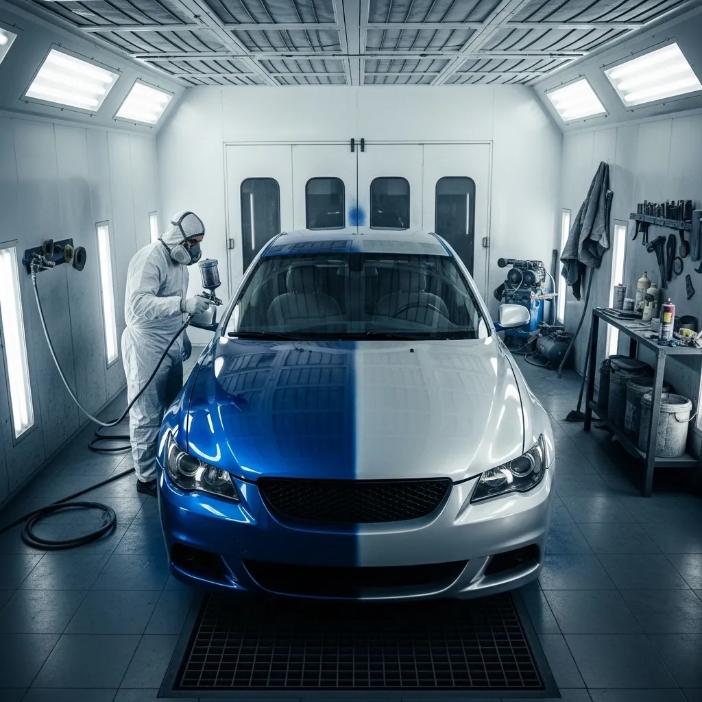 Auto painter in protective suit applying two-tone blue and white paint to a sedan in a professional spray booth.